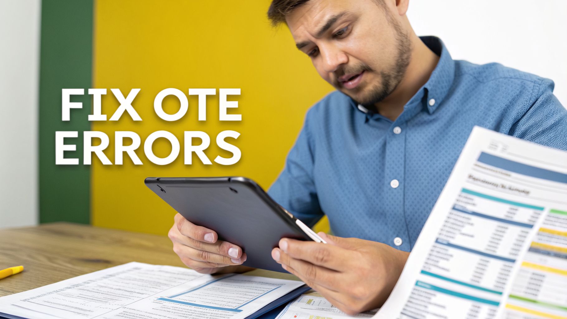 A focused man reviews documents and a tablet, with bold text stating 'FIX OTE ERRORS'.