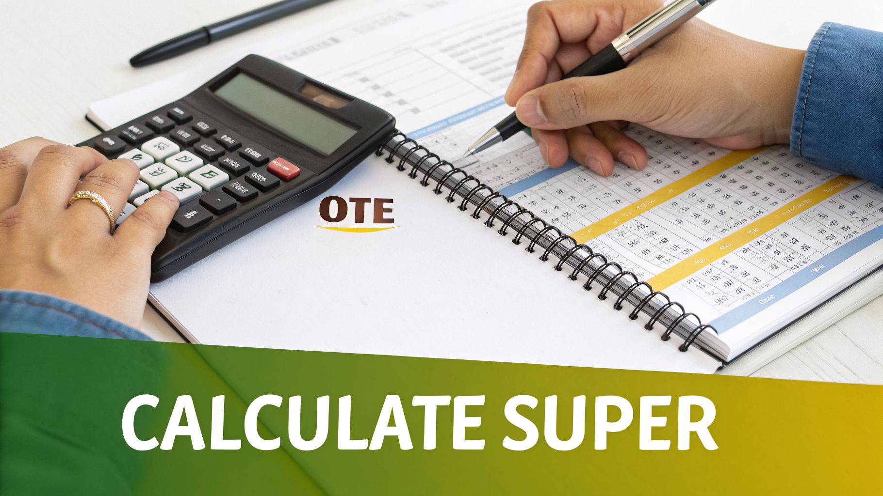 Hands using a calculator and pen on a notebook to calculate superannuation, with 'OTE' text.