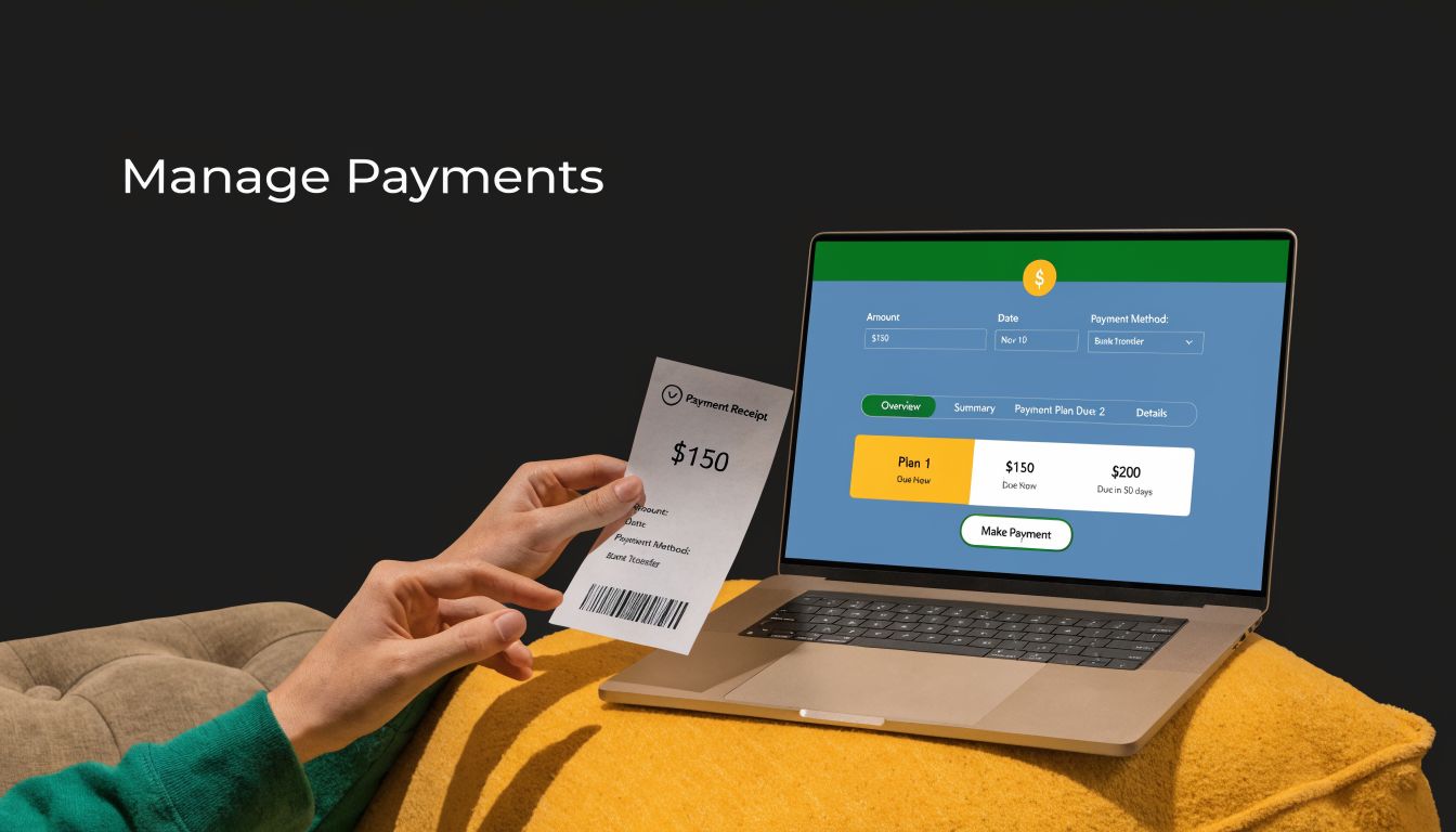 A person holding a physical payment receipt next to a laptop displaying an online payment portal interface.