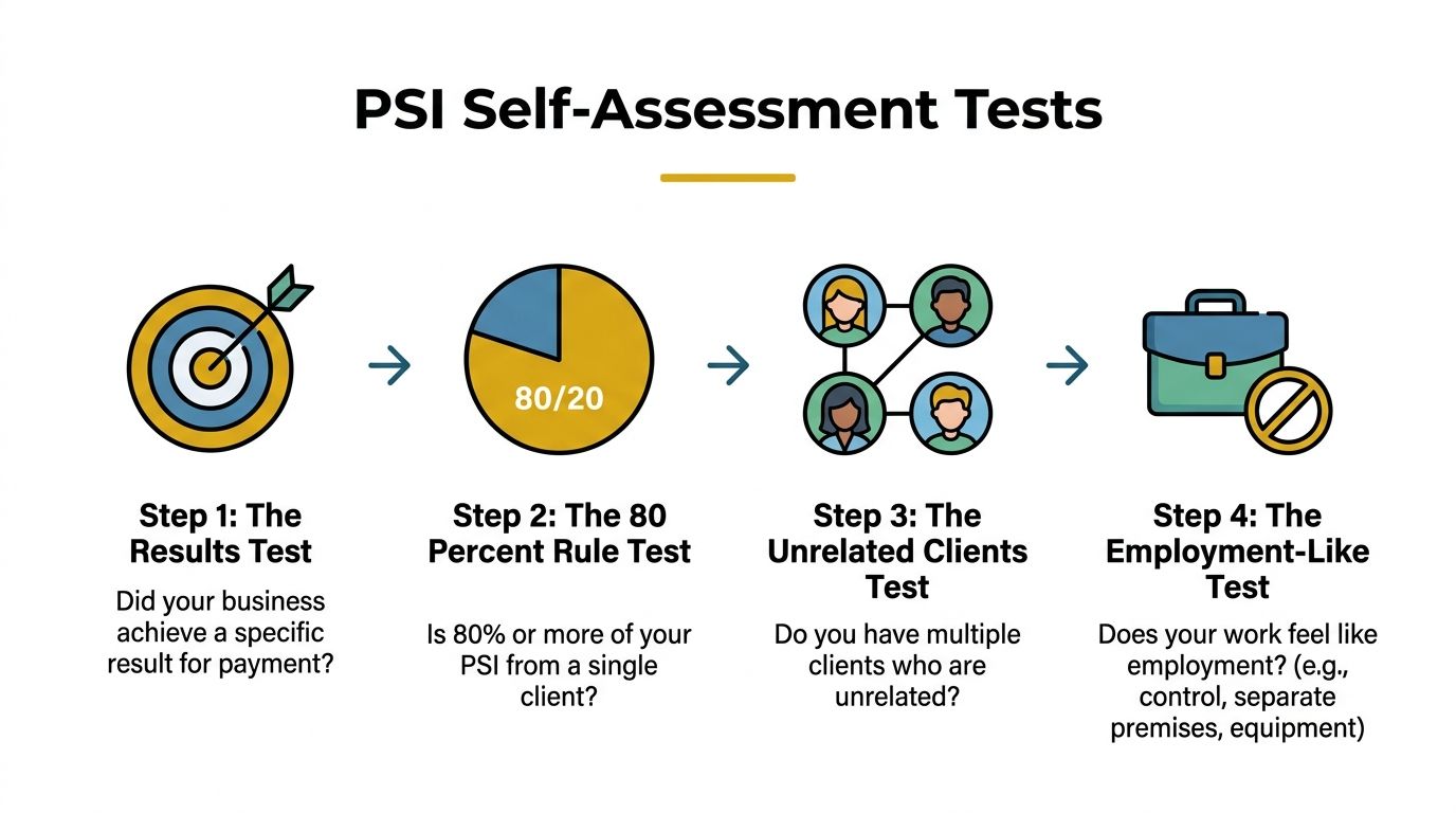 A diagram outlining four steps of PSI self-assessment tests for business results and employment classification.