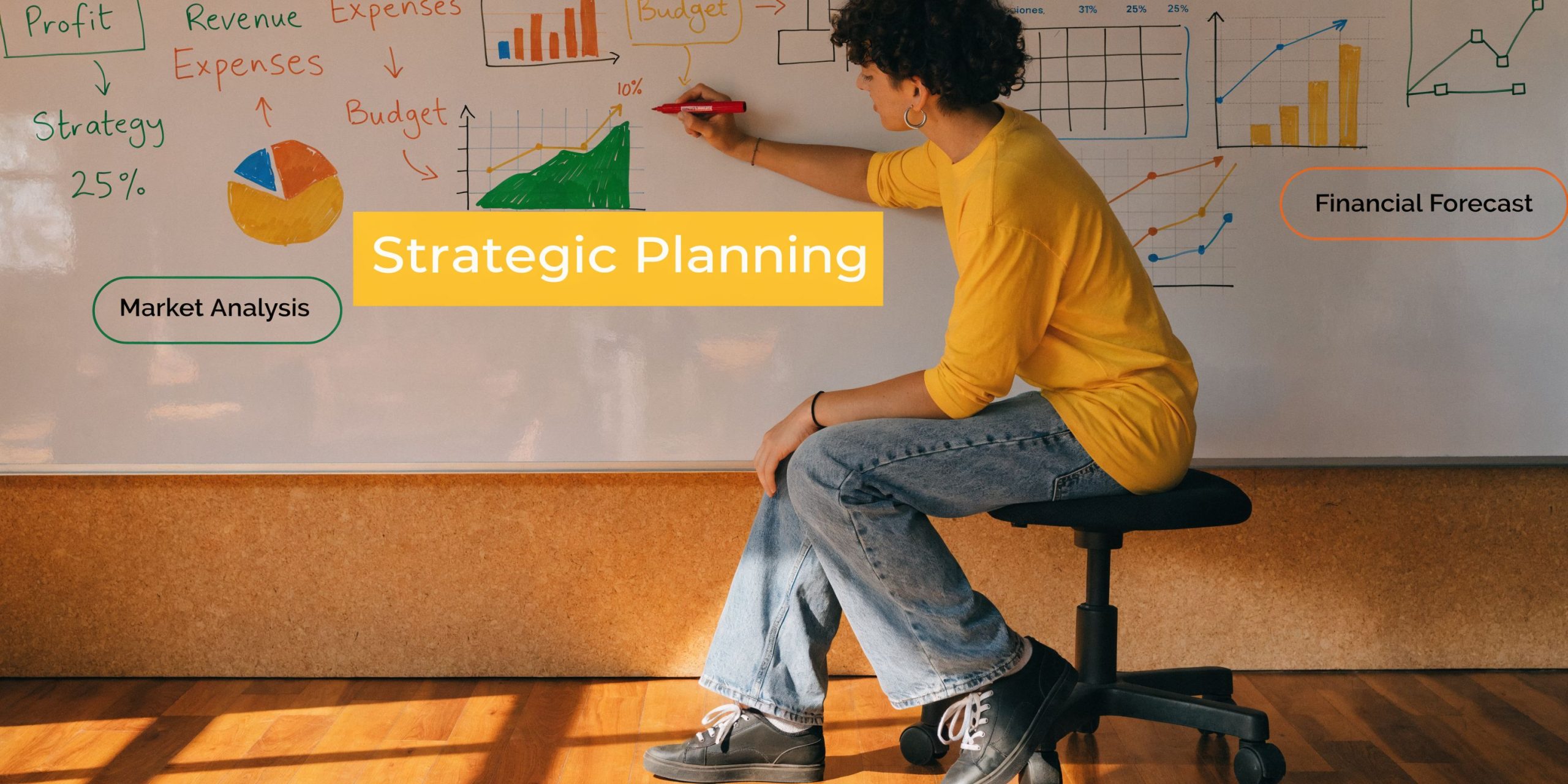 A person in a yellow shirt drawing strategic charts on a whiteboard for business planning.